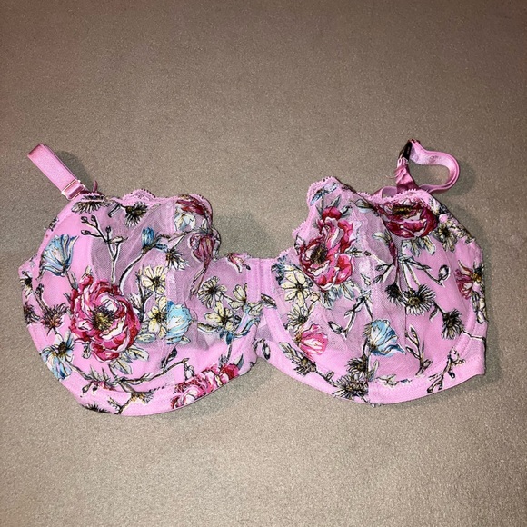 Victoria's Secret Push Up Bra Floral Embroidery Side Tie Thong Floral Pink 34DDD - Picture 1 of 4